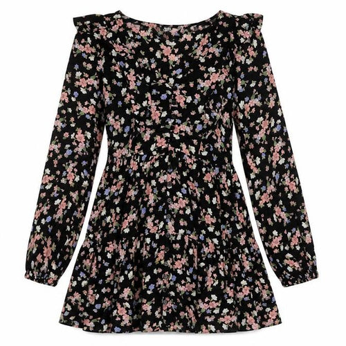 Miss Selfridge Womens Black Floral Viscose A-Line Size 6 V-Neck Button