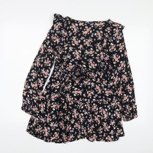 Miss Selfridge Womens Black Floral Viscose A-Line Size 6 V-Neck Button