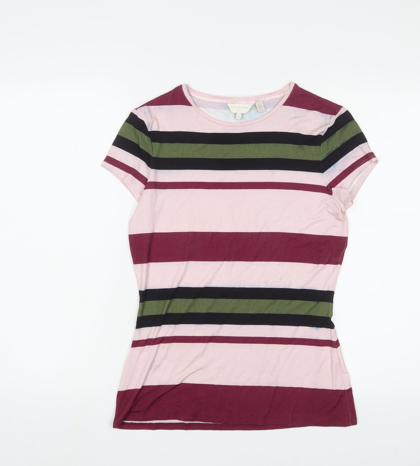 Ted Baker Womens Multicoloured Striped Viscose Basic T-Shirt Size S Crew Neck