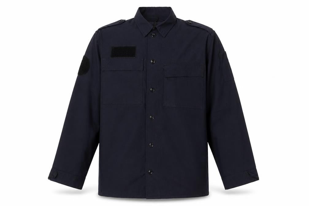 Front view of Workwear men’s blue viscose button-up, size L, collared button