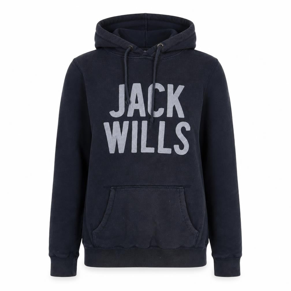 Front view of Jack Wills women’s blue cotton pullover hoodie, size UK 8, pullover - logo
