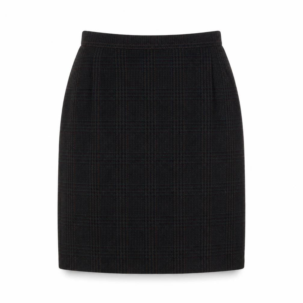 Front view of BHS women’s green plaid wool a-line skirt, size UK 14, zip