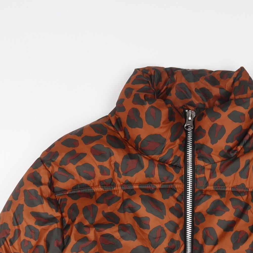 Coast Womens Brown Animal Print Puffer Jacket Coat Size L Zip