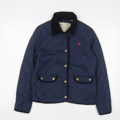 Jack Wills Womens Blue Quilted Jacket Size 10 Snap - Logo, Embroidered