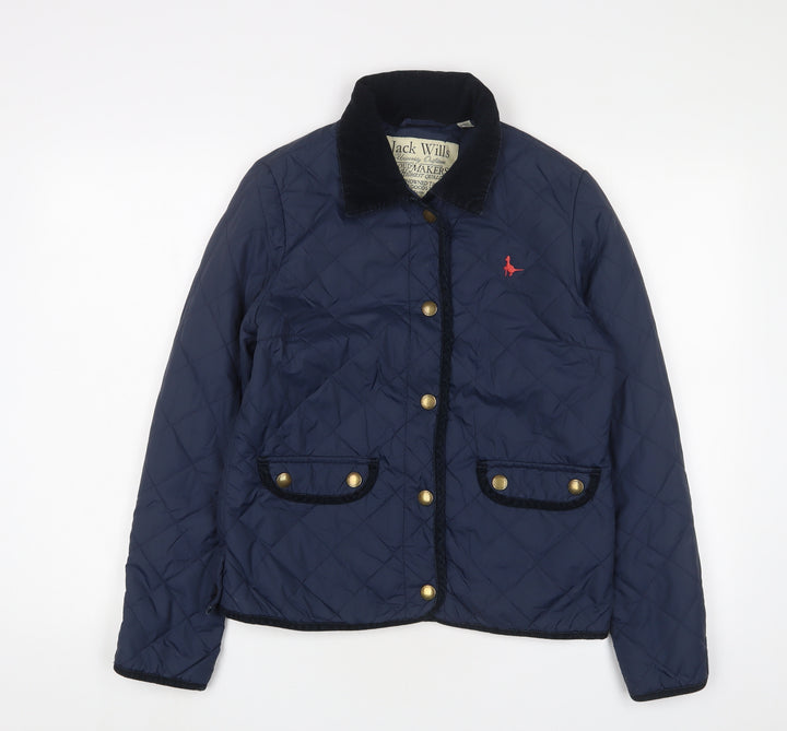 Jack Wills Womens Blue Quilted Jacket Size 10 Snap - Logo, Embroidered