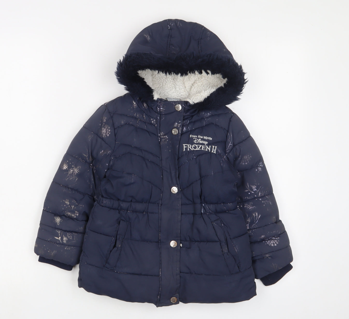 Frozen Girls Blue Geometric Basic Coat Coat Size 3-4 Years Zip - Embroidered