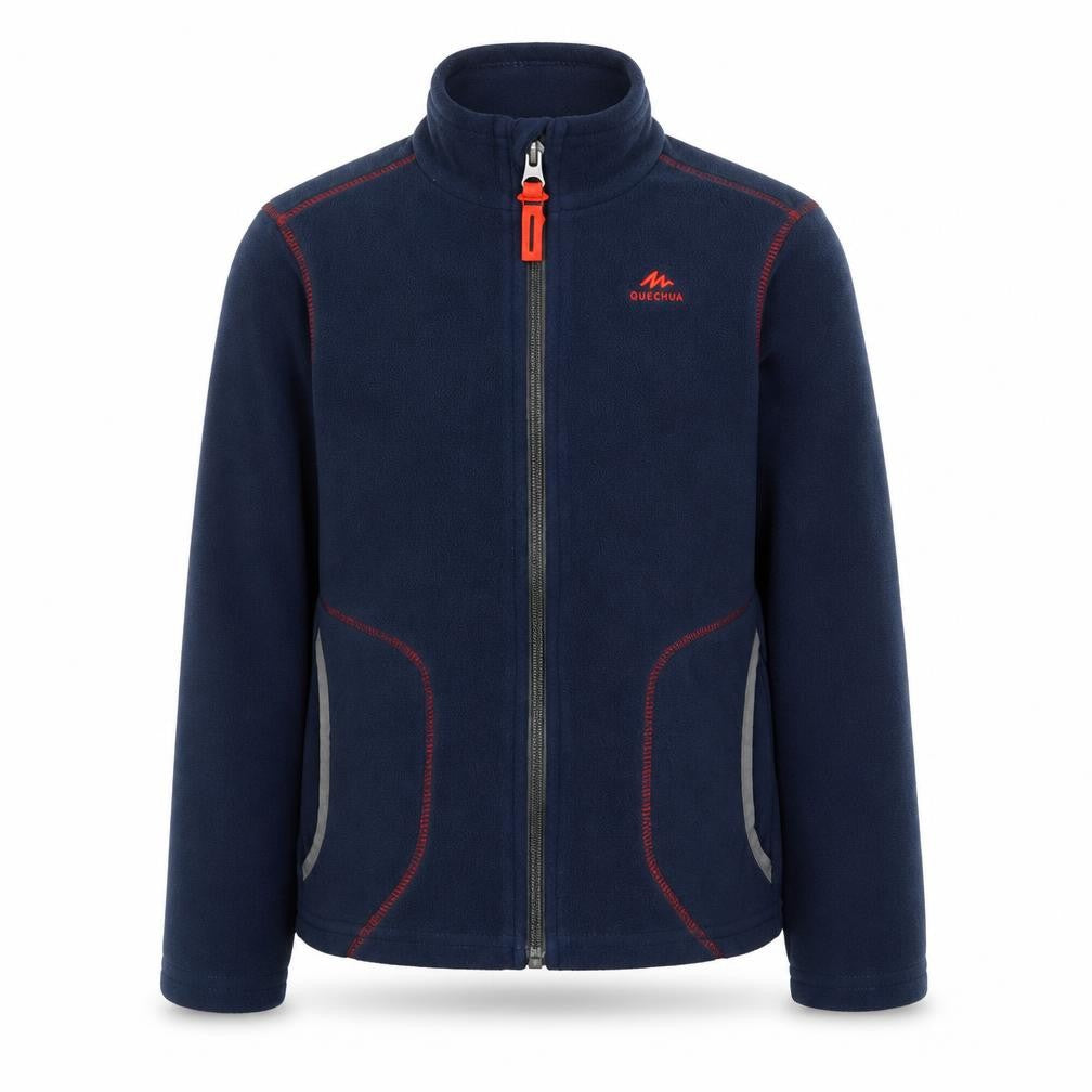 Front view of Decathlon boys’ blue jacket, size 5-6, years zip - logo