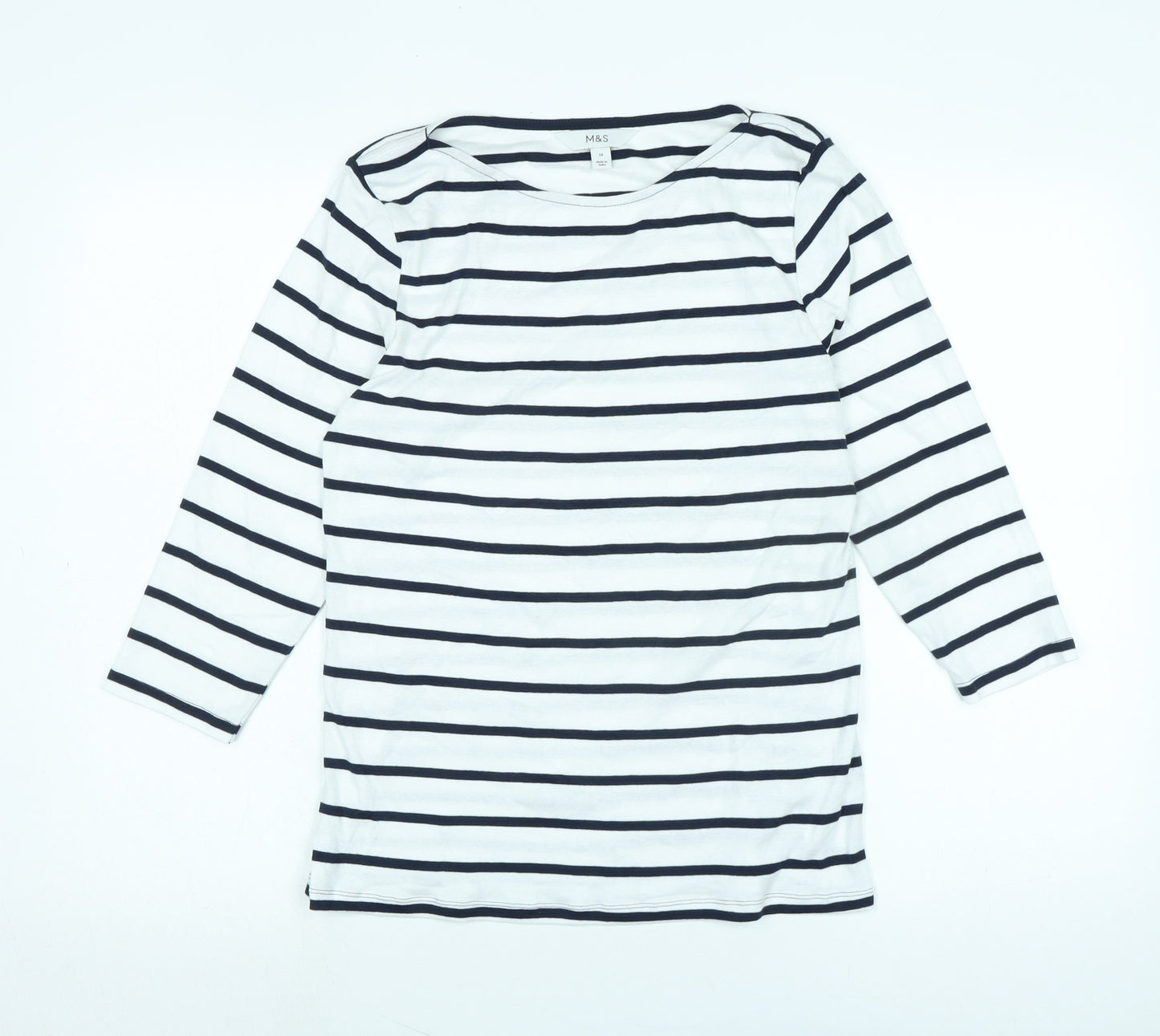 Marks and Spencer Womens White Cotton Basic T-Shirt Size 14 Boat Neck