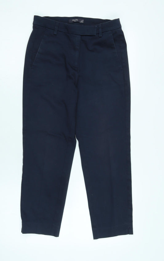 Front view of Marks and Spencer women’s blue cotton trousers, size UK 8, 22-inch leg regular zip - side vents to legs.