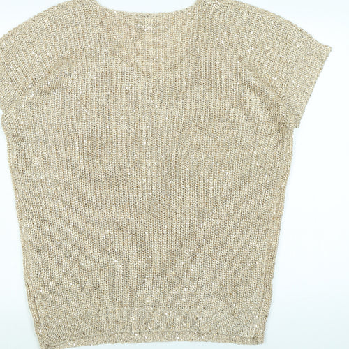 Wallis Womens Gold V-Neck Polyester Pullover Jumper Size M - Sequins