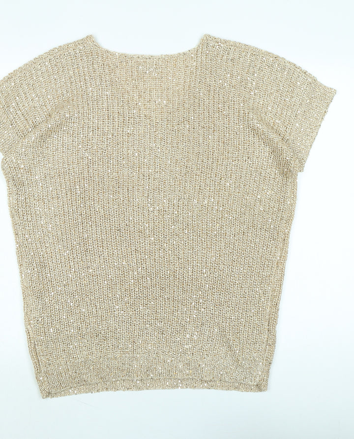 Wallis Womens Gold V-Neck Polyester Pullover Jumper Size M - Sequins