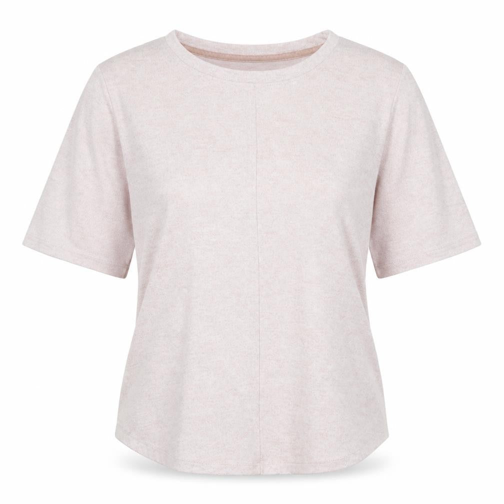 Front view of Marks & Spencer women’s pink crew neck polyester jumper, size UK 6