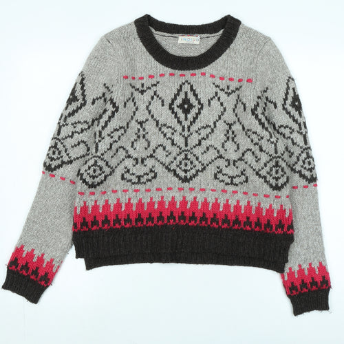 Indigo Womens Brown Crew Neck Fair Isle Acrylic Pullover Jumper Size 12