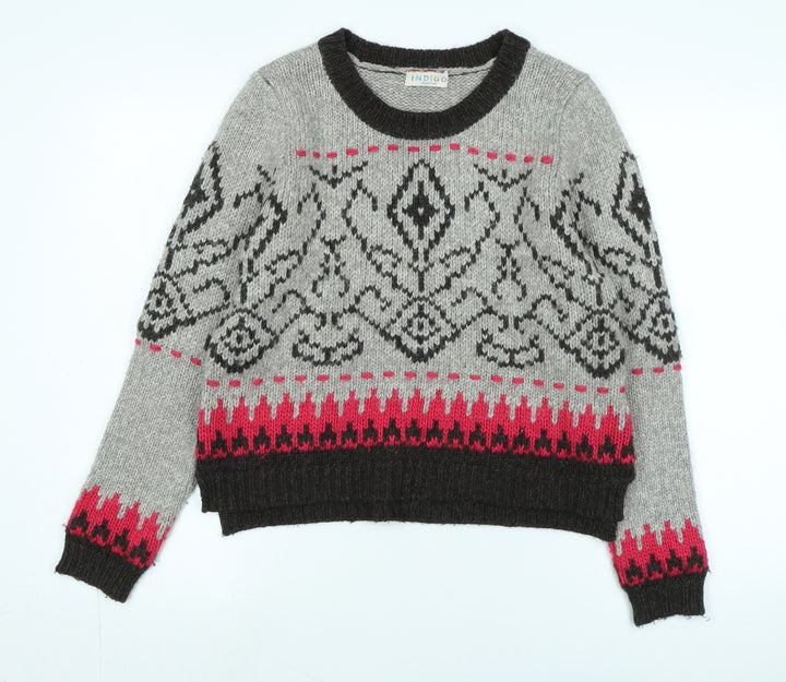 Indigo Womens Brown Crew Neck Fair Isle Acrylic Pullover Jumper Size 12
