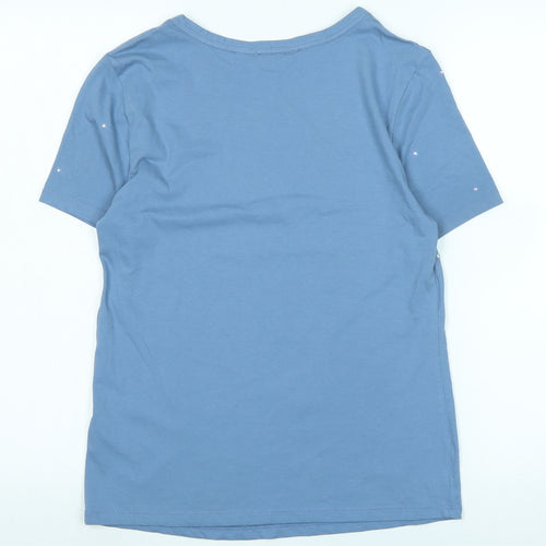 Marks and Spencer Womens Blue Cotton Basic T-Shirt Size 6 Crew Neck - Faux gemstone detail to front