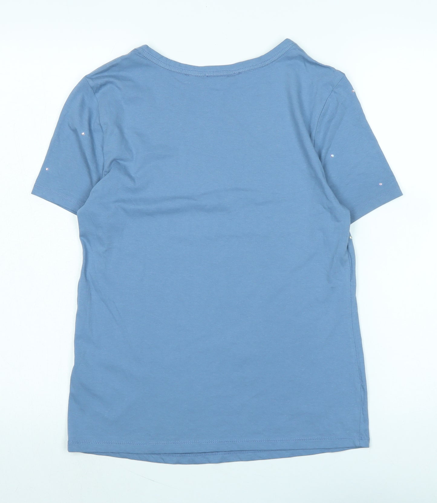 Marks and Spencer Womens Blue Cotton Basic T-Shirt Size 6 Crew Neck - Faux gemstone detail to front