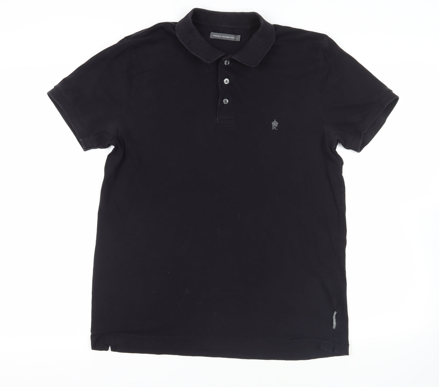 French Connection Mens Black Cotton Polo Size L Collared Button