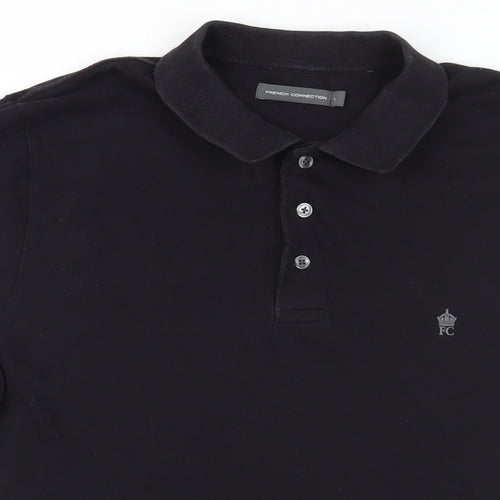 French Connection Mens Black Cotton Polo Size L Collared Button