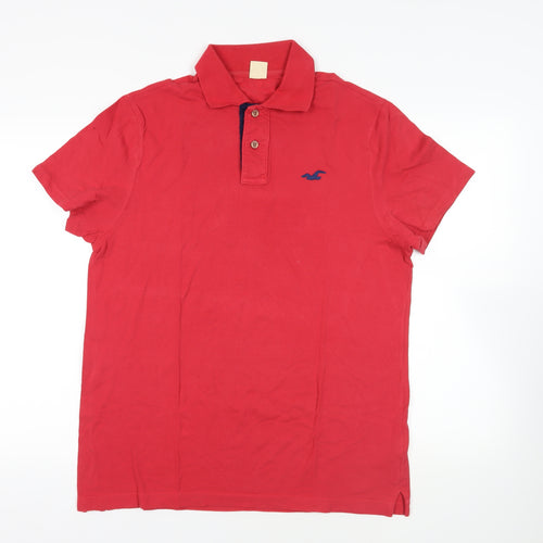 Hollister Mens Red Cotton Polo Size L Collared Button - Logo