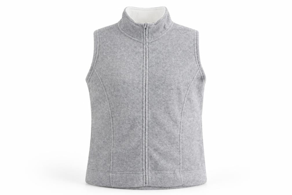 Front view of EWM women’s grey gilet jacket, size UK 14, zip - pockets