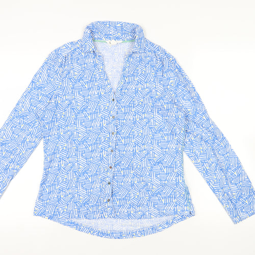 White Stuff Womens Blue Geometric Cotton Basic Button-Up Size 14 Collared