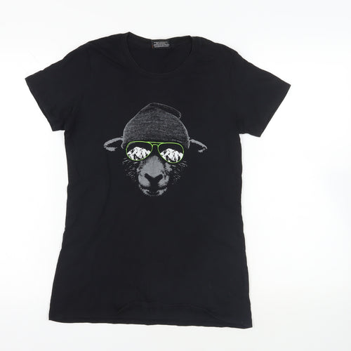Globalculture Womens Black Cotton Basic T-Shirt Size S Crew Neck - Sheep