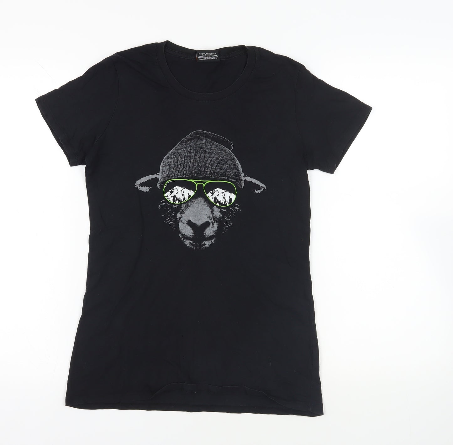 Globalculture Womens Black Cotton Basic T-Shirt Size S Crew Neck - Sheep