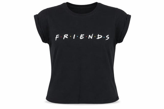 Front view of M&Co women’s black cotton basic t-shirt, size L, crew neck - friends