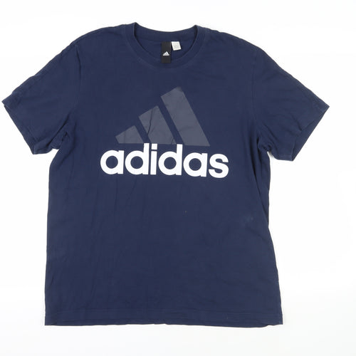adidas Mens Blue Cotton T-Shirt Size L Crew Neck - Logo