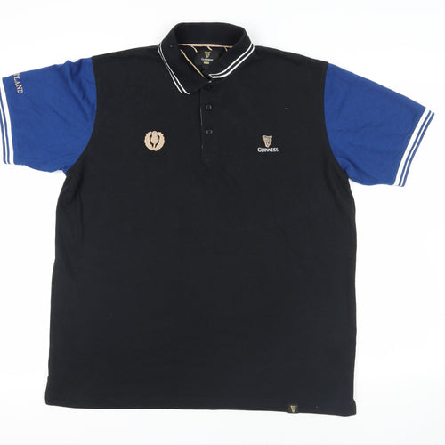 Guinness Mens Black Colourblock Cotton Polo Size L Collared Button - Logo