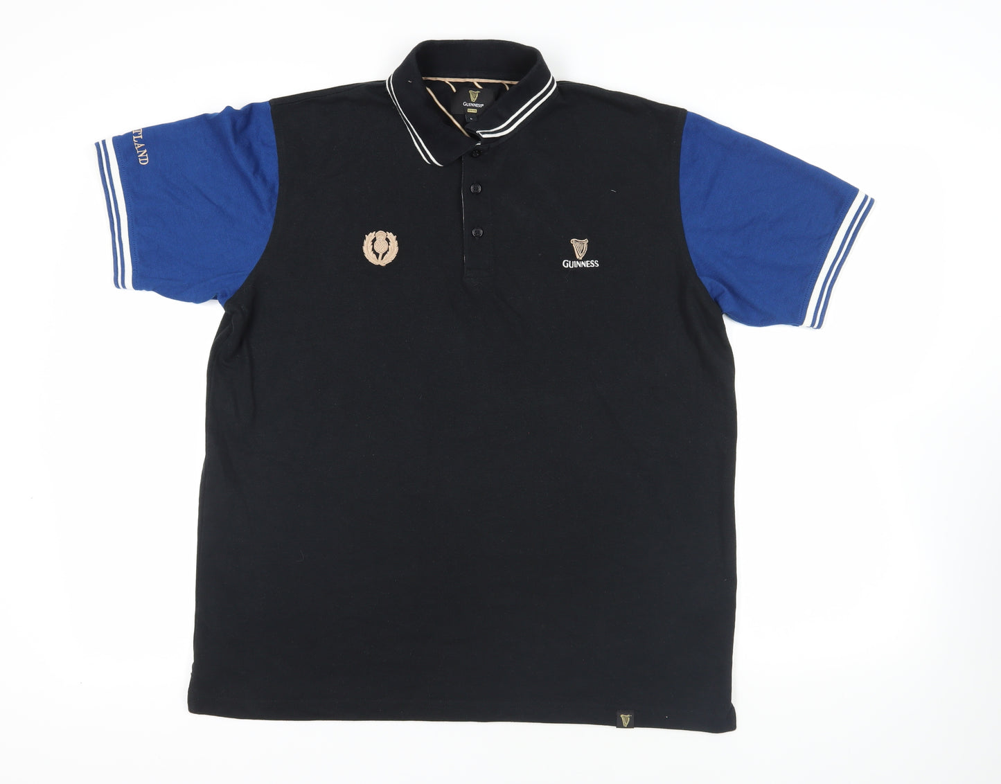 Guinness Mens Black Colourblock Cotton Polo Size L Collared Button - Logo