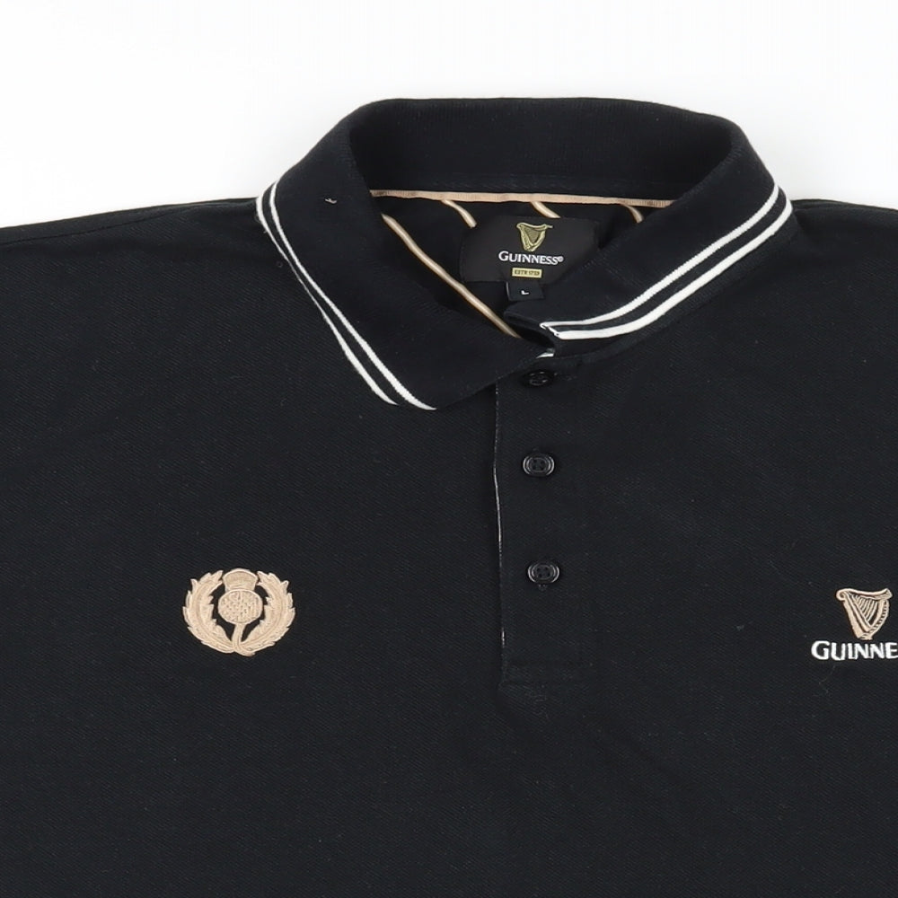 Guinness Mens Black Colourblock Cotton Polo Size L Collared Button - Logo