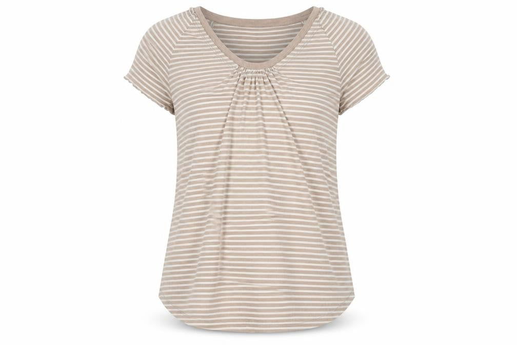 Front view of br women’s silver striped polyester basic t-shirt, size S, scoop neck