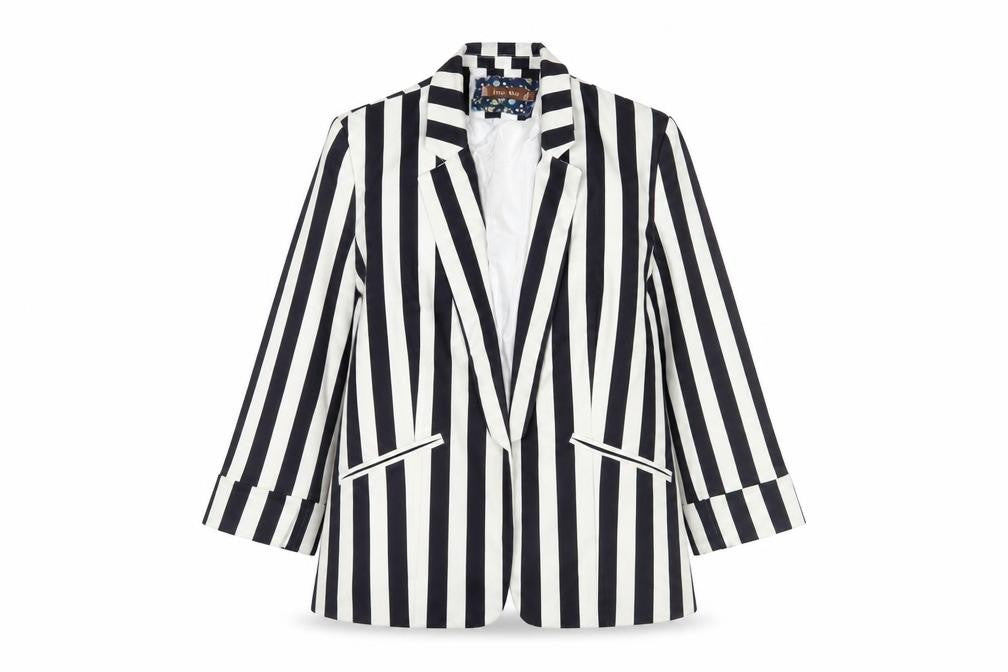 Front view of Jolie Moi women’s blue striped jacket blazer, size UK 14, - open