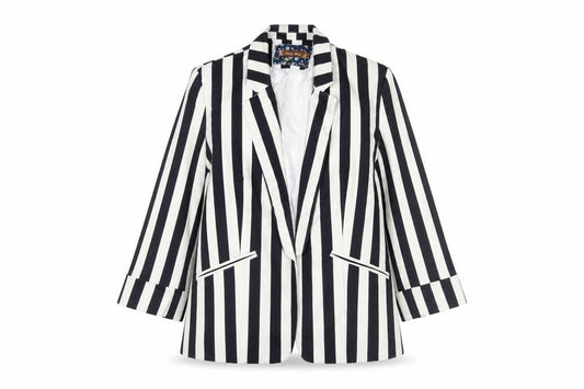 Front view of Jolie Moi women’s blue striped jacket blazer, size UK 14, - open