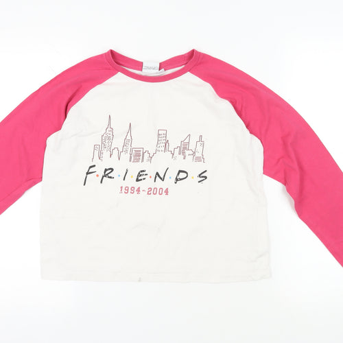 Friends Girls White Colourblock Cotton Pullover T-Shirt Size 14-15 Years Crew Neck Pullover - Logo