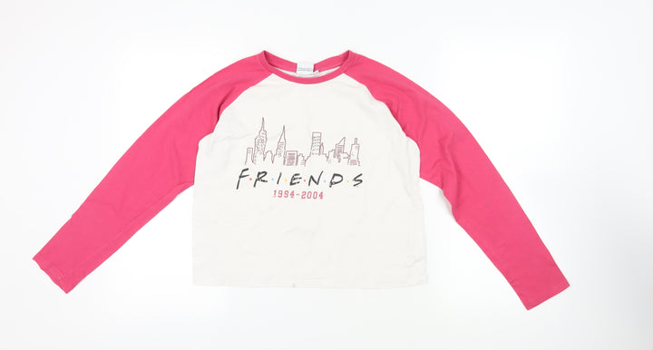 Friends Girls White Colourblock Cotton Pullover T-Shirt Size 14-15 Years Crew Neck Pullover - Logo