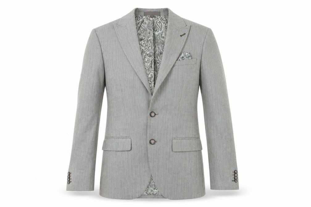 Front view of Marks & Spencer men’s grey herringbone polyester jacket suit jacket, size 36, regular