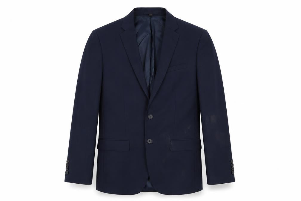 Front view of Marks & Spencer men’s blue polyester jacket suit jacket, size 40, regular