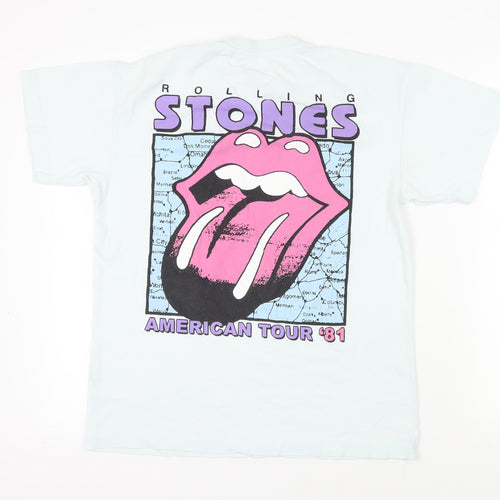 Pull&Bear Womens Blue Cotton Basic T-Shirt Size S Crew Neck - Rolling Stones American Tour '81