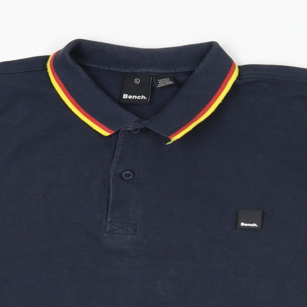 Bench Mens Blue Cotton Polo Size L Collared Button - Logo Contrasting Trim