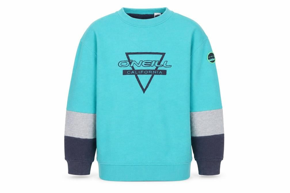 Front view of O'Neill boys’ green colourblock cotton pullover sweatshirt, size 8, years pullover - logo