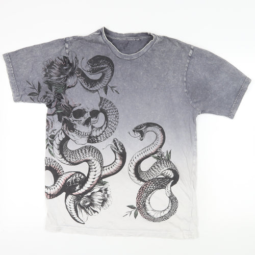NEXT Mens Grey Cotton T-Shirt Size M Crew Neck - Skull Snake