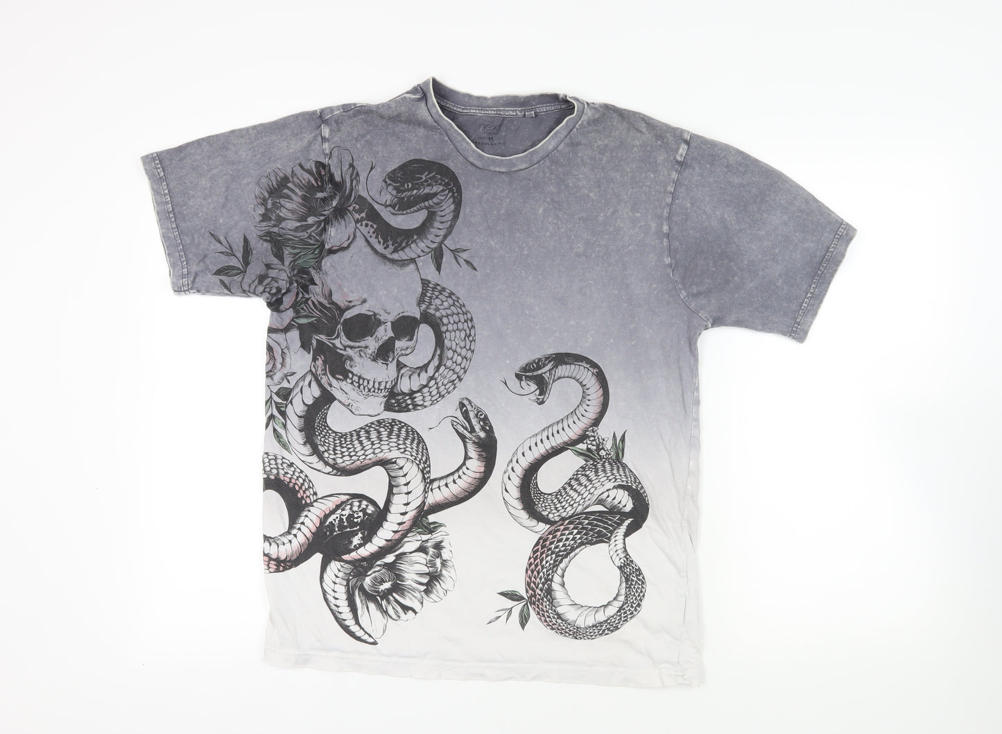 NEXT Mens Grey Cotton T-Shirt Size M Crew Neck - Skull Snake