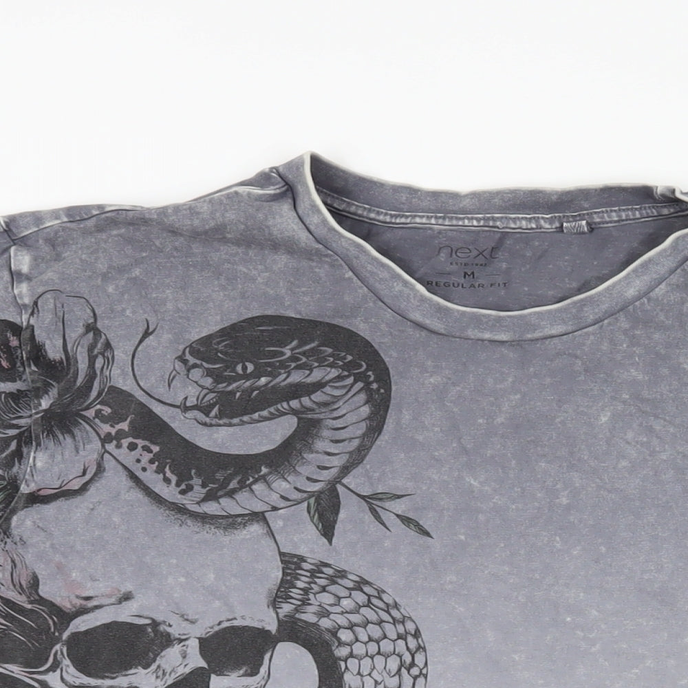 NEXT Mens Grey Cotton T-Shirt Size M Crew Neck - Skull Snake