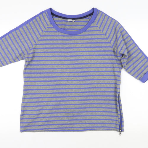 Marks and Spencer Womens Blue Striped Cotton Basic T-Shirt Size 14 Boat Neck - Zip Detail