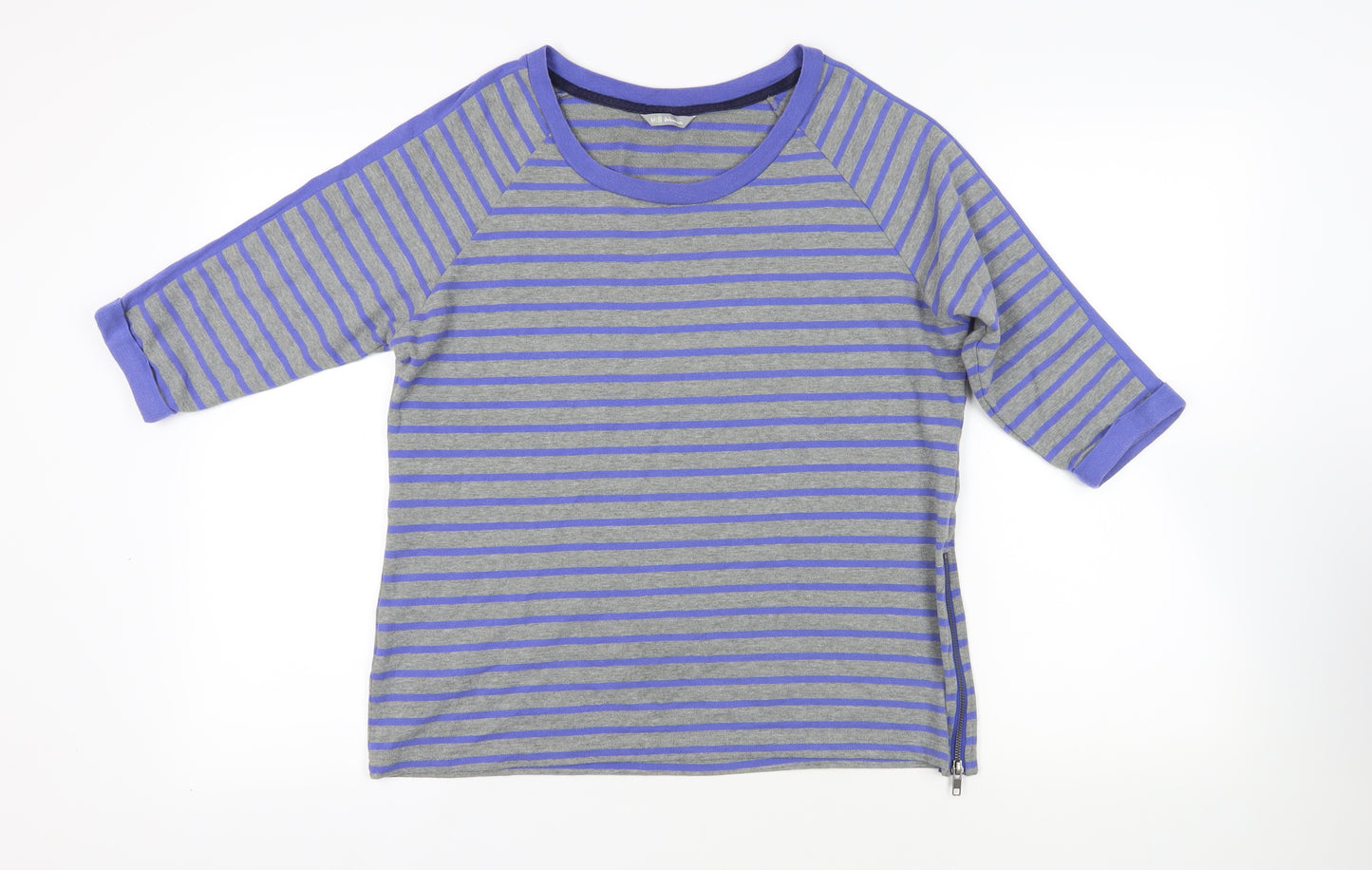 Marks and Spencer Womens Blue Striped Cotton Basic T-Shirt Size 14 Boat Neck - Zip Detail