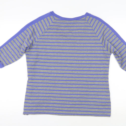 Marks and Spencer Womens Blue Striped Cotton Basic T-Shirt Size 14 Boat Neck - Zip Detail