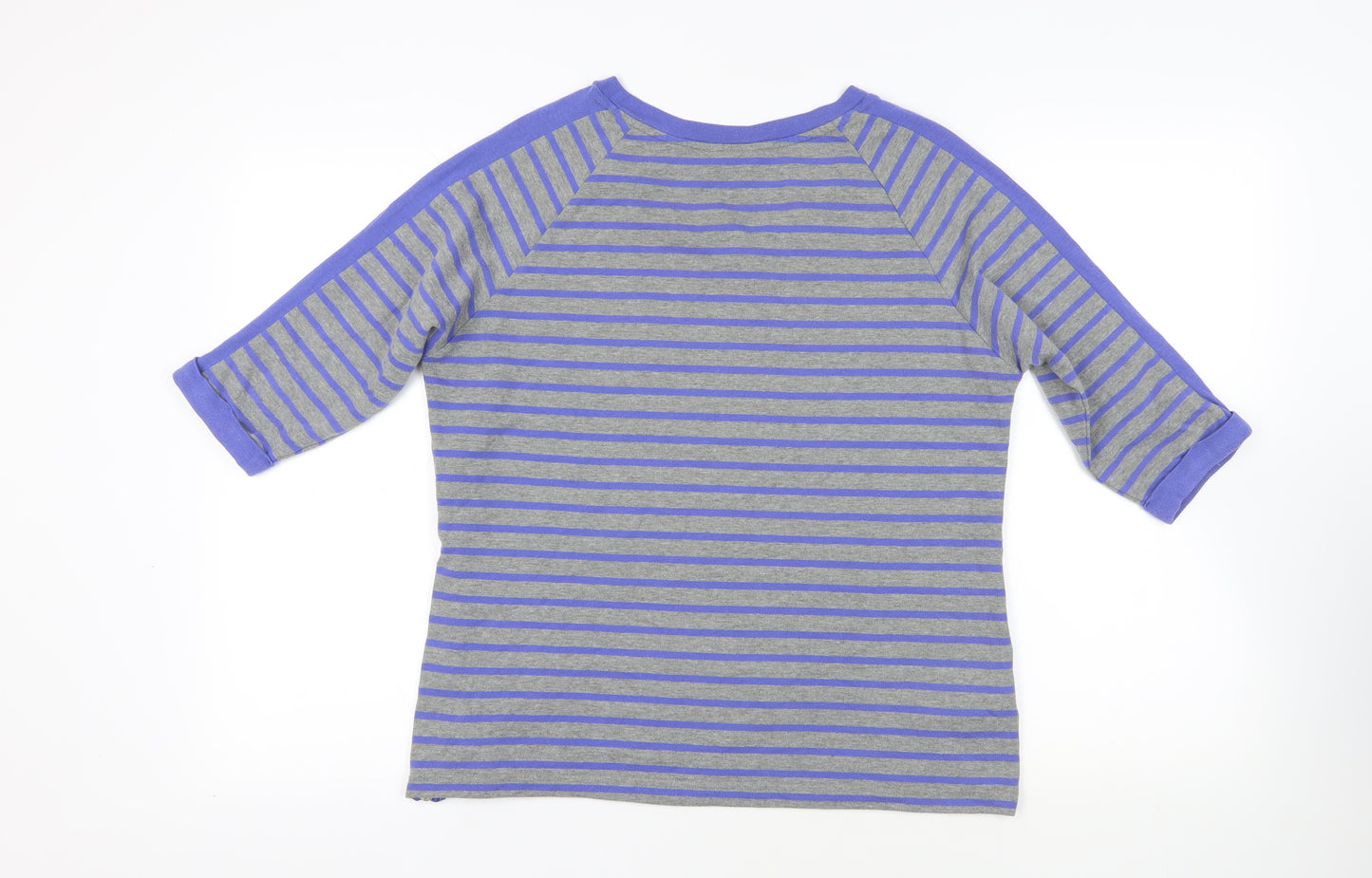 Marks and Spencer Womens Blue Striped Cotton Basic T-Shirt Size 14 Boat Neck - Zip Detail