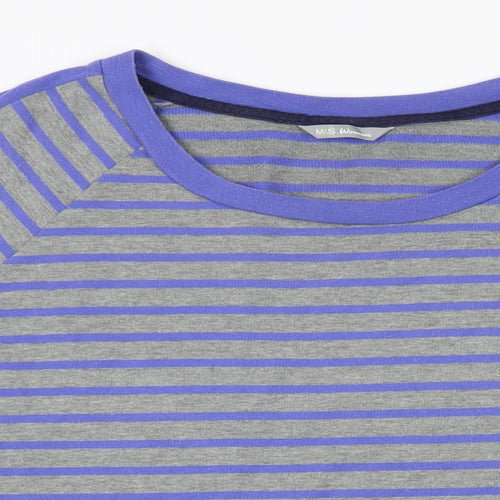 Marks and Spencer Womens Blue Striped Cotton Basic T-Shirt Size 14 Boat Neck - Zip Detail